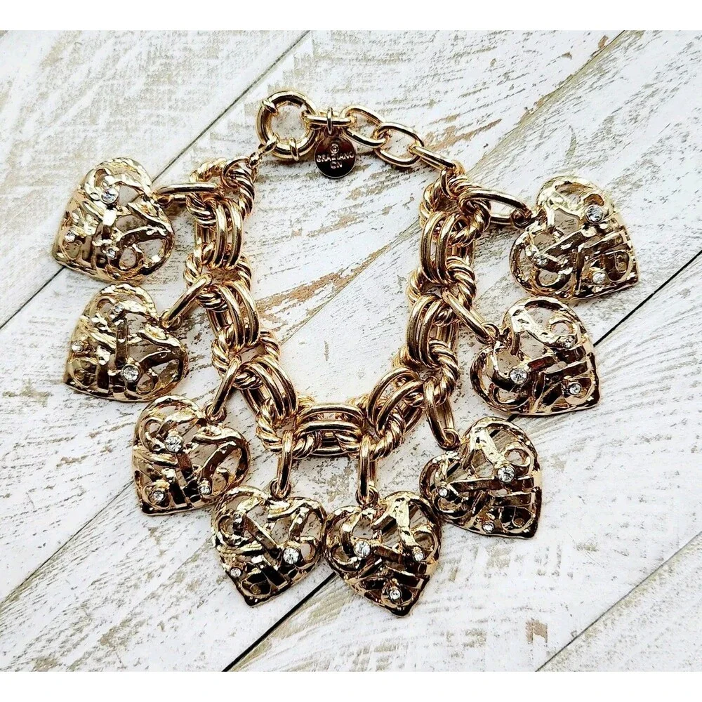 Graziano Heart Dangle Gold Tone Charm Bracelet - Picture 1 of 6